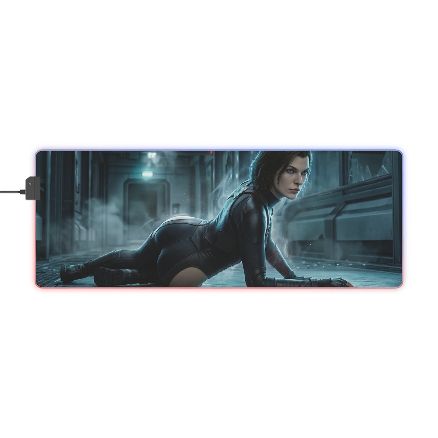 Alice Mouse Pad, Resident Evil RGB Desk Mat, Gift for Gamer, Horror Game Decor - cinematic Alice in combat pose on RGB illuminated gaming desk mat