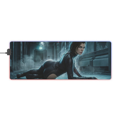 Alice Mouse Pad, Resident Evil RGB Desk Mat, Gift for Gamer, Horror Game Decor - cinematic Alice in combat pose on RGB illuminated gaming desk mat
