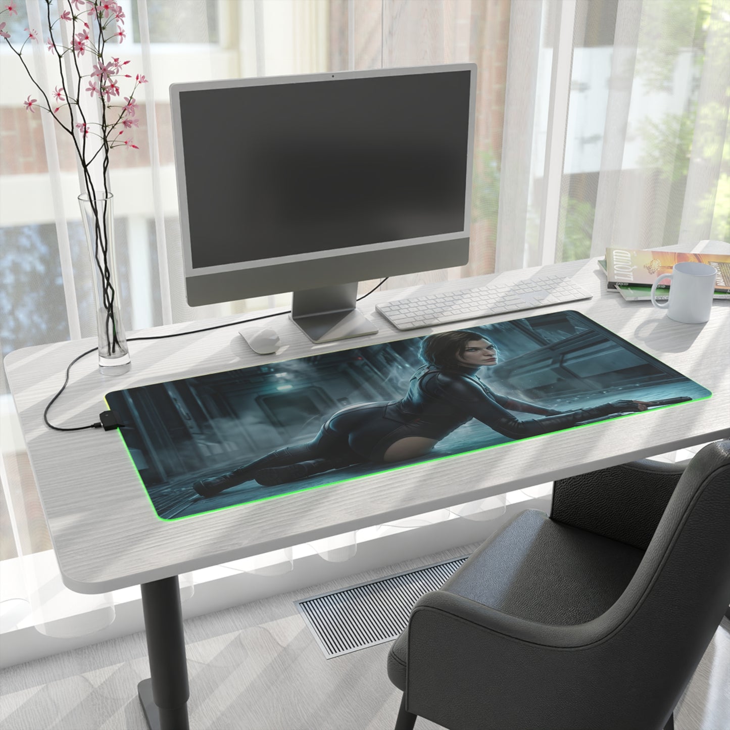 Alice Mouse Pad, Resident Evil RGB Desk Mat, Gift for Gamer, Horror Game Decor — RGB illuminated desk mat with Alice action art on modern white gaming desk