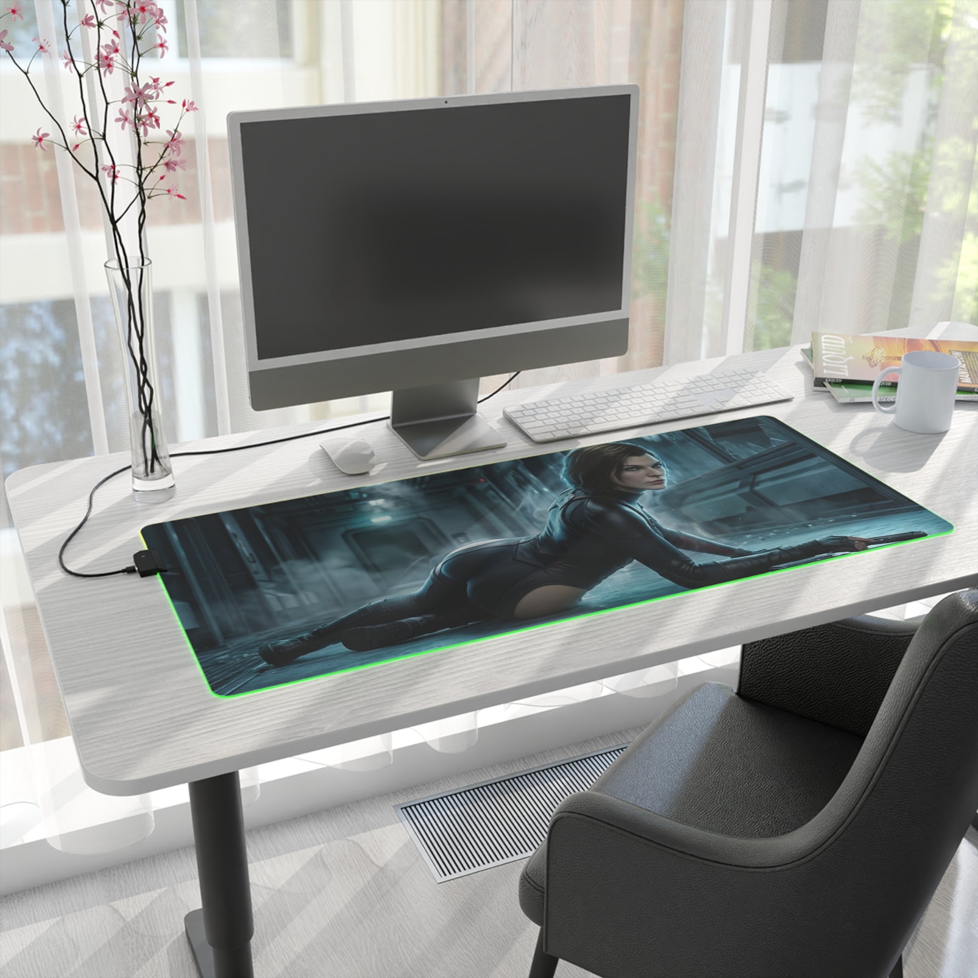 Alice Mouse Pad, Resident Evil RGB Desk Mat, Gift for Gamer, Horror Game Decor — RGB illuminated desk mat with Alice action art on modern white gaming desk