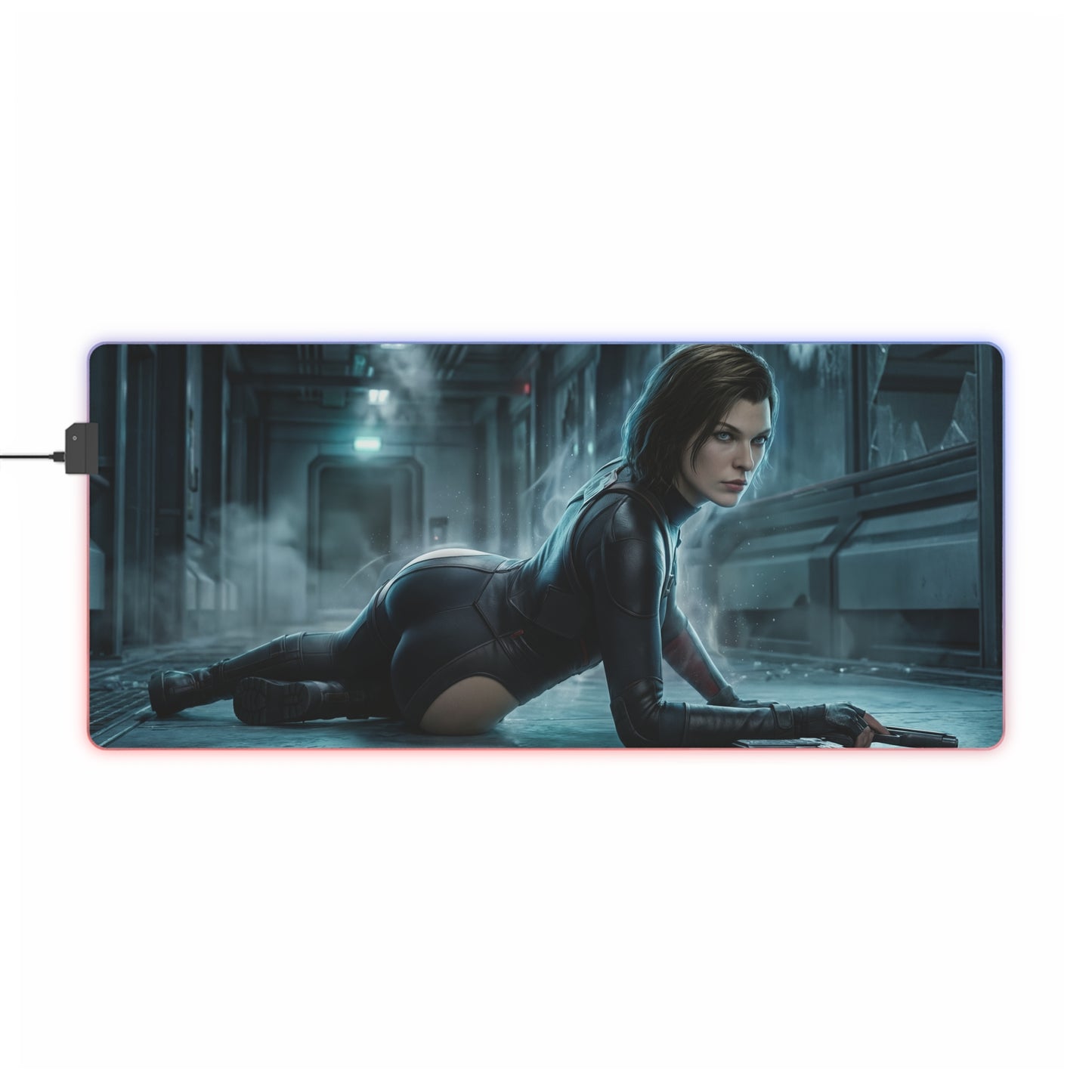 Alice Mouse Pad, Resident Evil RGB Desk Mat, Gift for Gamer, Horror Game Decor - Alice in combat pose on RGB illuminated horror gaming desk mat
