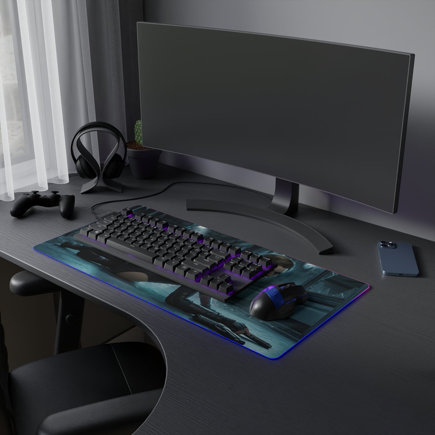 Alice Mouse Pad, Resident Evil RGB Desk Mat, Gift for Gamer, Horror Game Decor — RGB illuminated gaming desk mat with Alice combat art
