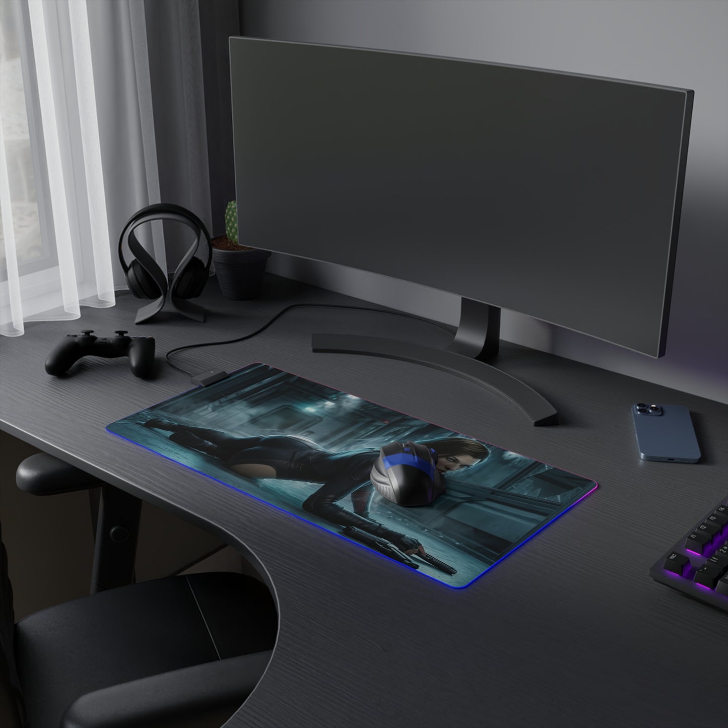 Alice Mouse Pad, Resident Evil RGB Desk Mat, Gift for Gamer, Horror Game Decor - RGB illuminated gaming desk mat featuring Alice in combat stance