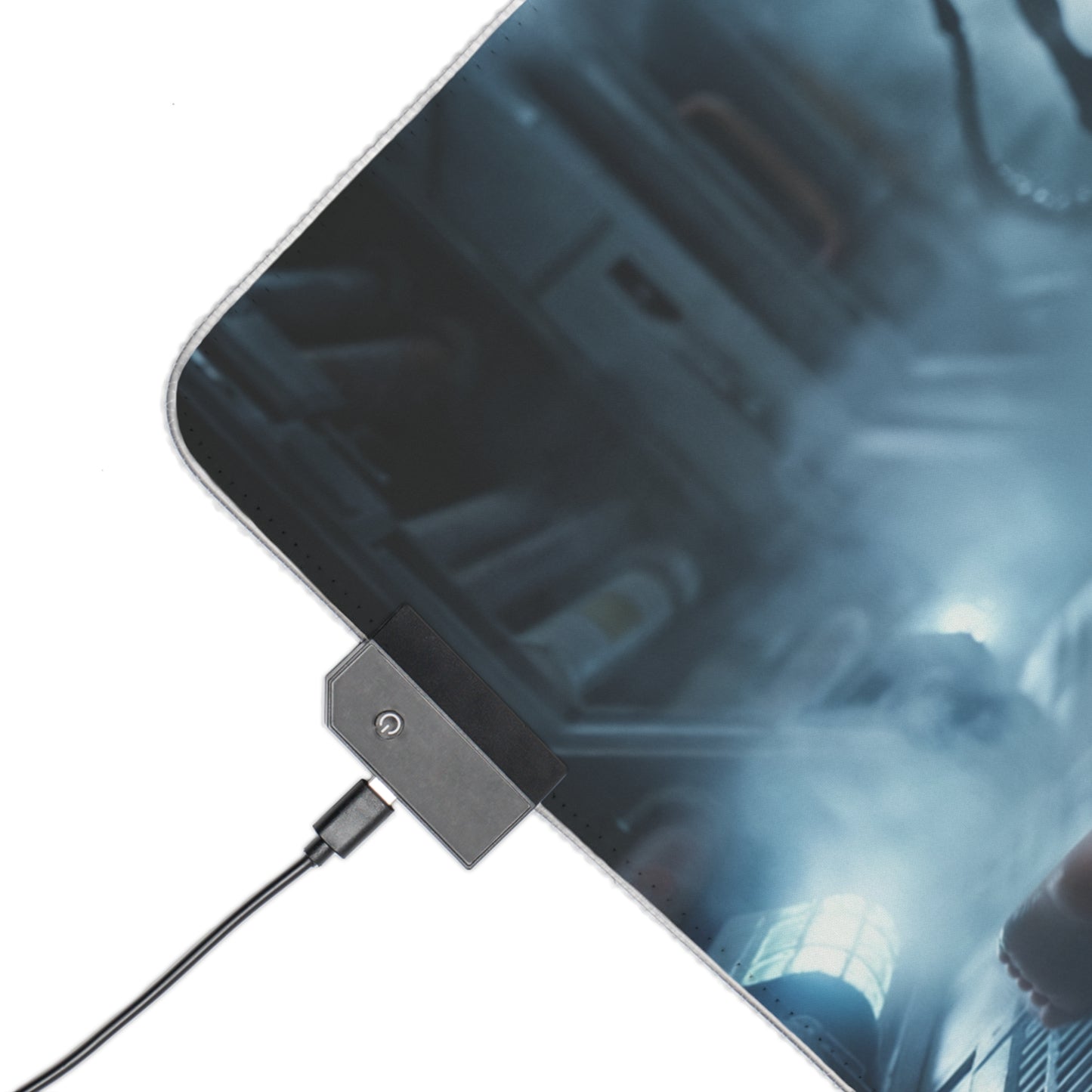 Alien Mouse Pad, Ellen Ripley LED RGB Desk Mat, Gift for Gamer, Sci-Fi Room Decor — corner view with USB LED controller and cinematic sci‑fi artwork