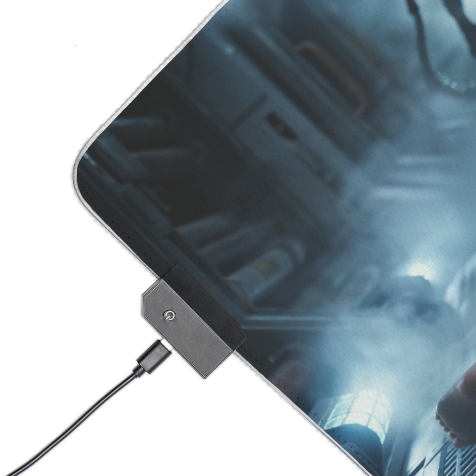 Alien Mouse Pad, Ellen Ripley LED RGB Desk Mat, Gift for Gamer, Sci-Fi Room Decor — corner view with USB LED controller and cinematic sci‑fi artwork