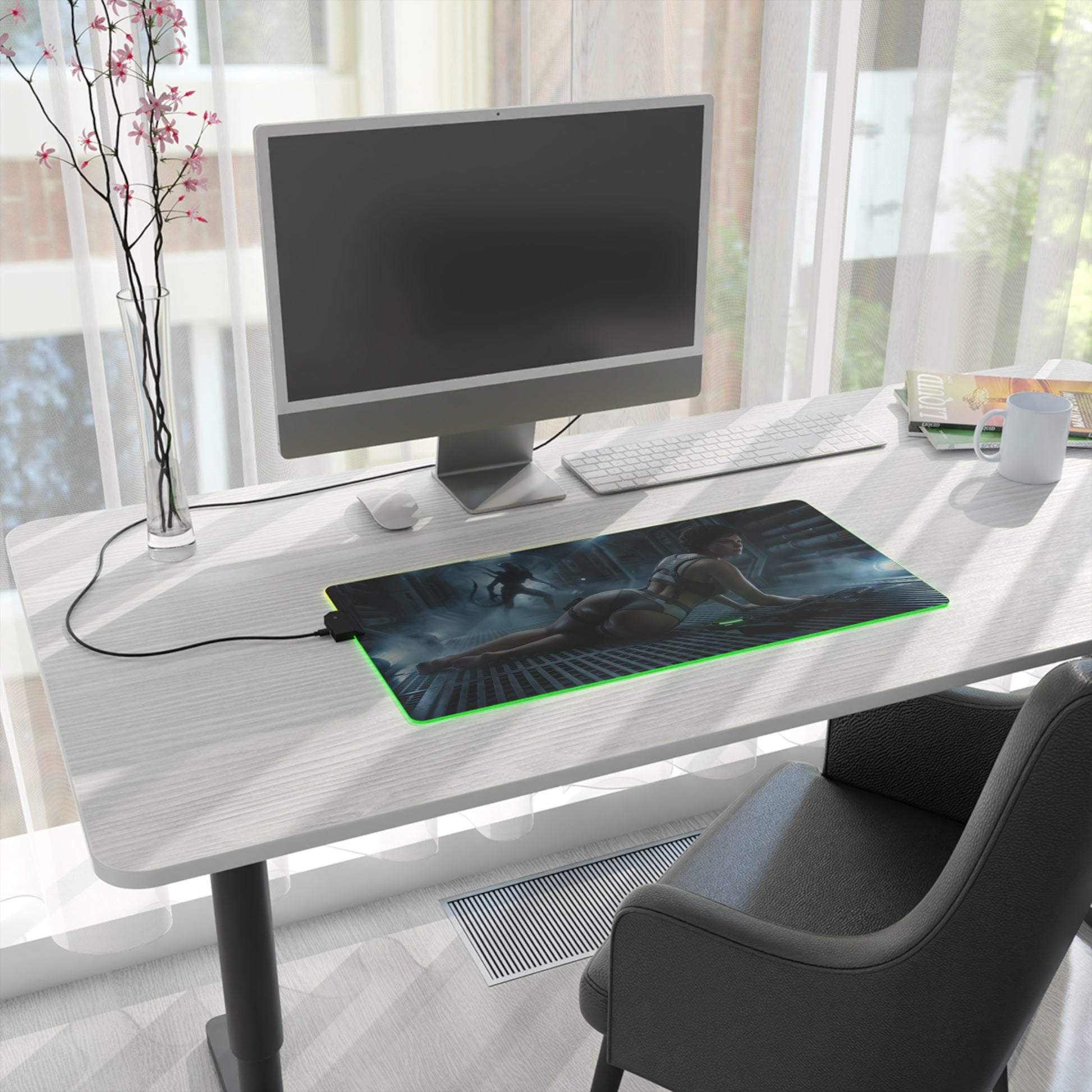 Alien Mouse Pad, Ellen Ripley LED RGB Desk Mat, Gift for Gamer, Sci-Fi Room Decor — large RGB desk mat with Alien artwork on a modern white desk