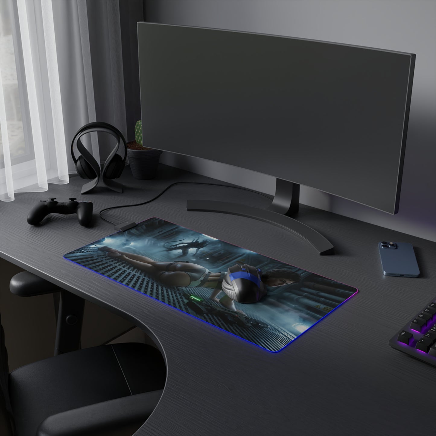 Alien Mouse Pad, Ellen Ripley LED RGB Desk Mat, Gift for Gamer, Sci-Fi Room Decor on gaming desk with RGB lighting and ergonomic mouse