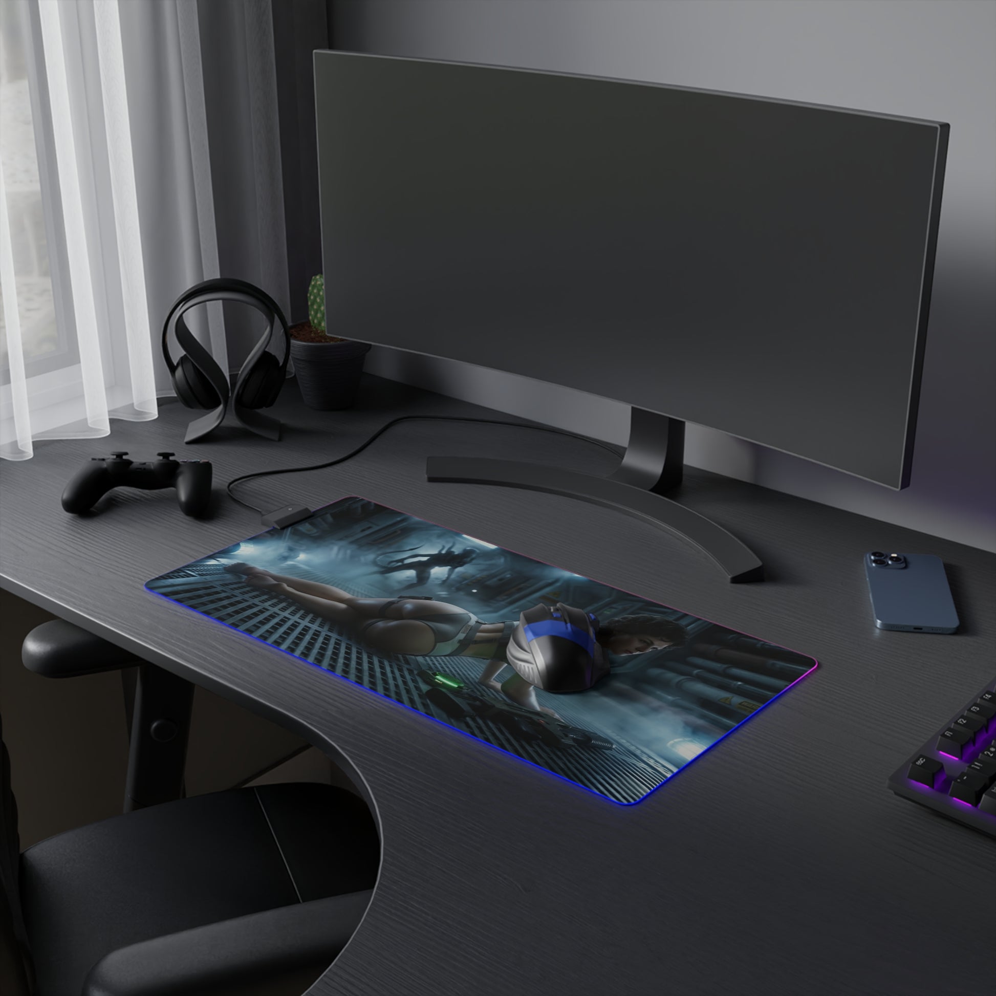 Alien Mouse Pad, Ellen Ripley LED RGB Desk Mat, Gift for Gamer, Sci-Fi Room Decor on gaming desk with RGB lighting and ergonomic mouse