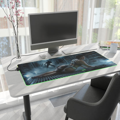 Alien Mouse Pad, Ellen Ripley LED RGB Desk Mat, Gift for Gamer, Sci-Fi Room Decor on clean white desk with monitor and green RGB glow