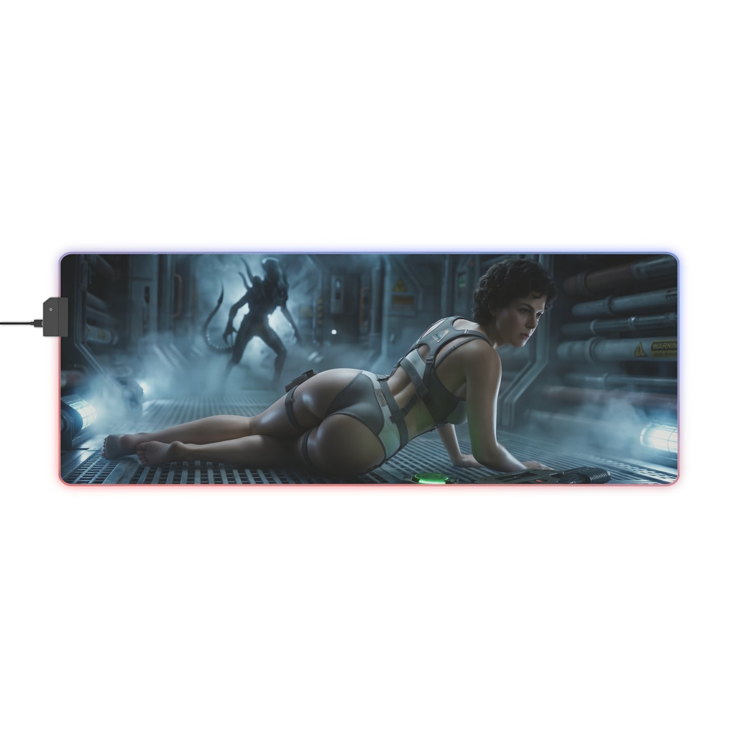 Alien Mouse Pad, Ellen Ripley LED RGB Desk Mat showing Ripley crawling in a sci‑fi corridor with xenomorph silhouette, gift for gamer
