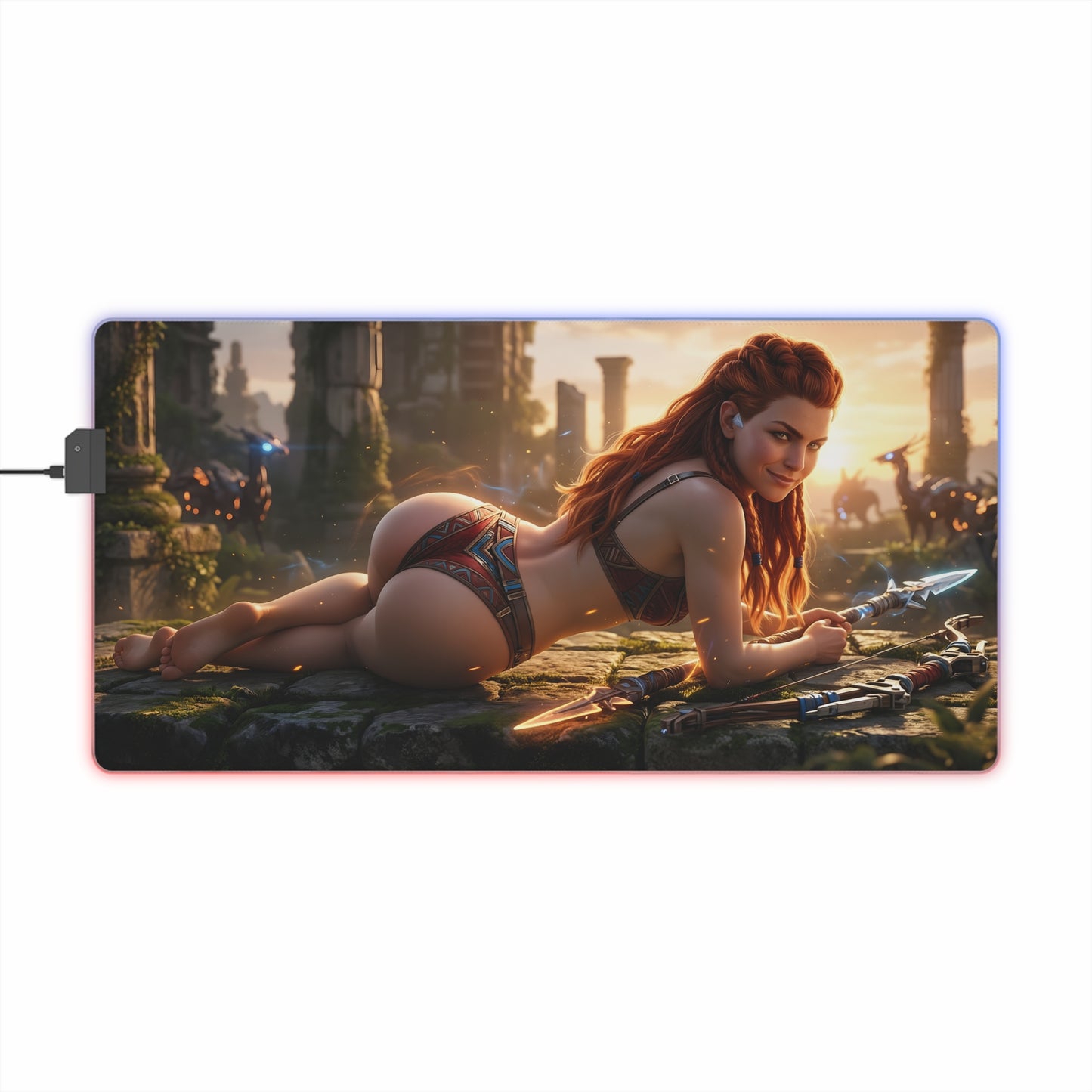 Aloy RGB Mouse Pad – Horizon LED Desk Mat, Adventure Gamer Setup with warrior artwork, vibrant edge lighting and extended non-slip surface