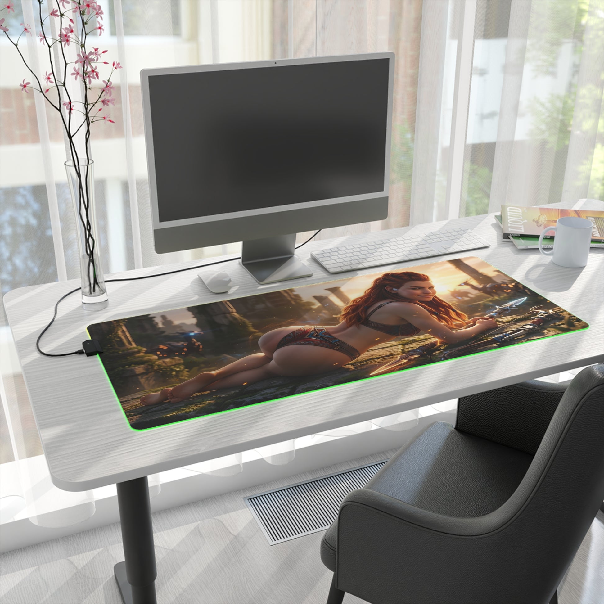 Aloy RGB Mouse Pad – Horizon LED Desk Mat, Adventure Gamer Setup showcasing warrior artwork, RGB edge lighting on extended desk mat