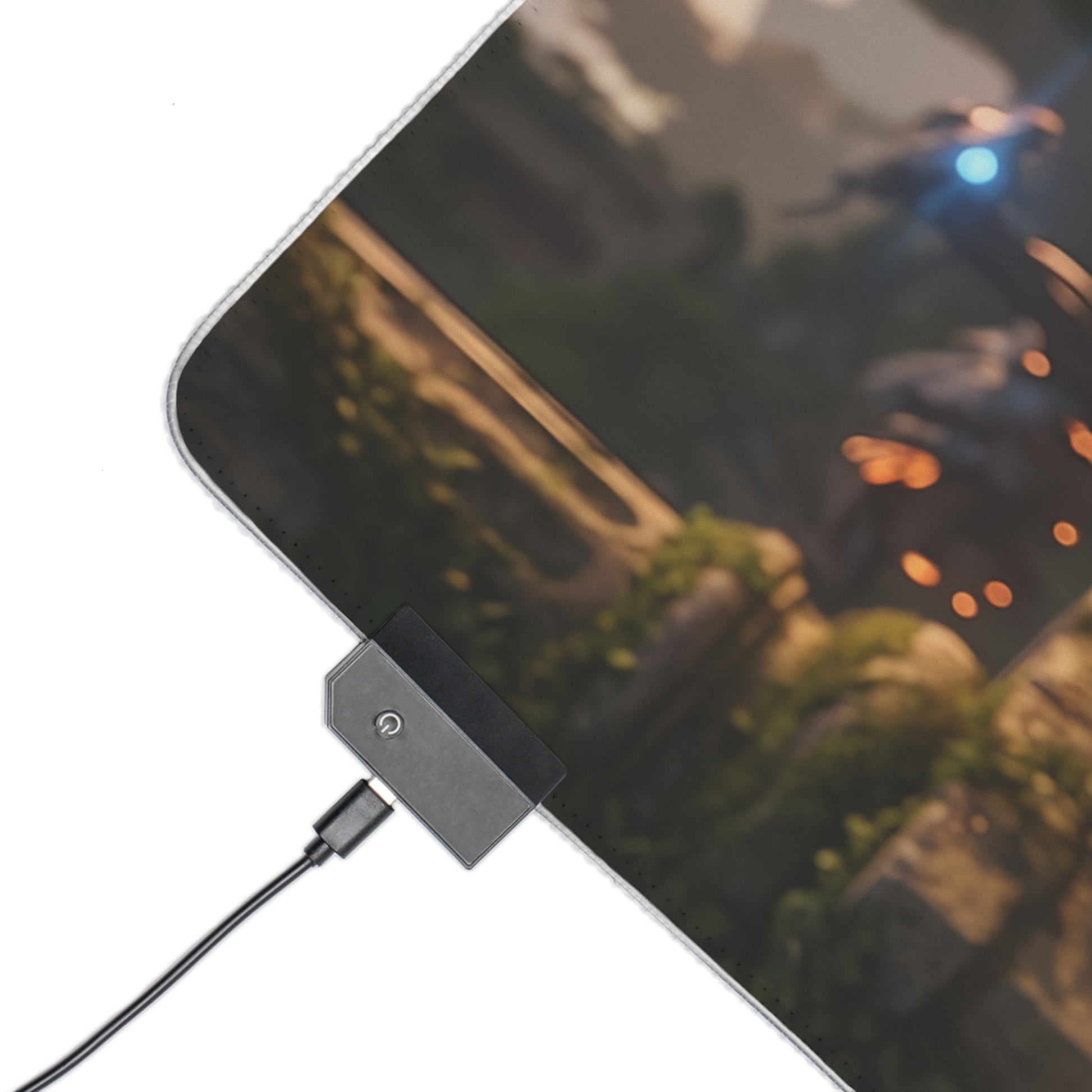 Aloy RGB Mouse Pad – Horizon LED Desk Mat, Adventure Gamer Setup with LED connector and corner close-up