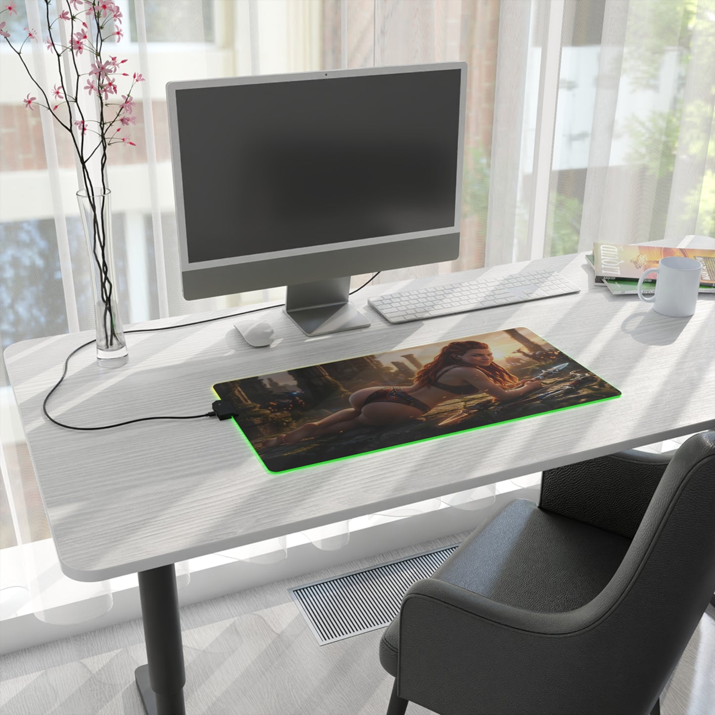 Aloy RGB Mouse Pad – Horizon LED Desk Mat, Adventure Gamer Setup on modern white desk with PC, keyboard, and green edge lighting
