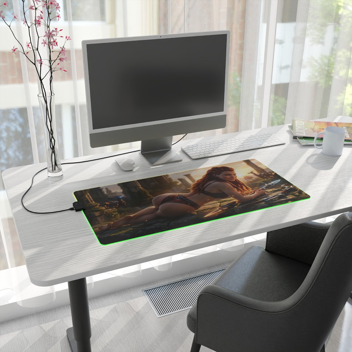 Aloy RGB Mouse Pad – Horizon LED Desk Mat, Adventure Gamer Setup with vibrant edge lighting and HD warrior artwork