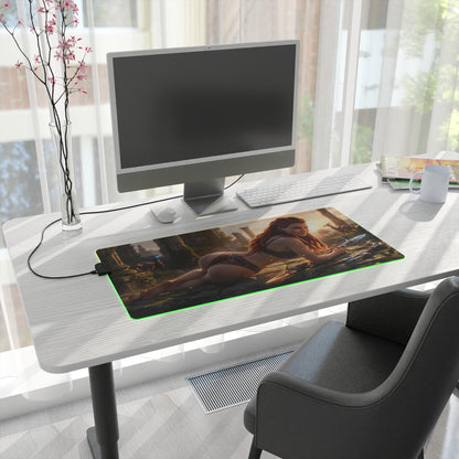 Aloy RGB Mouse Pad – Horizon LED Desk Mat, Adventure Gamer Setup with vibrant edge lighting and HD warrior artwork