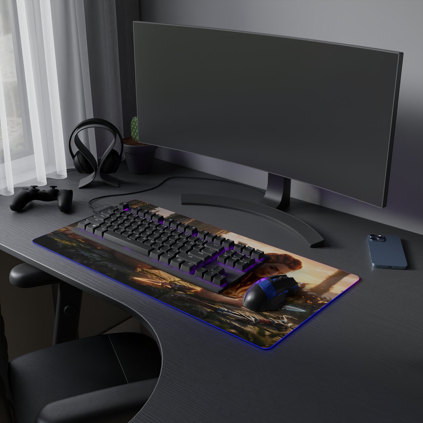 Aloy RGB Mouse Pad – Horizon LED Desk Mat, Adventure Gamer Setup with warrior artwork, RGB edge lighting, extended desk coverage