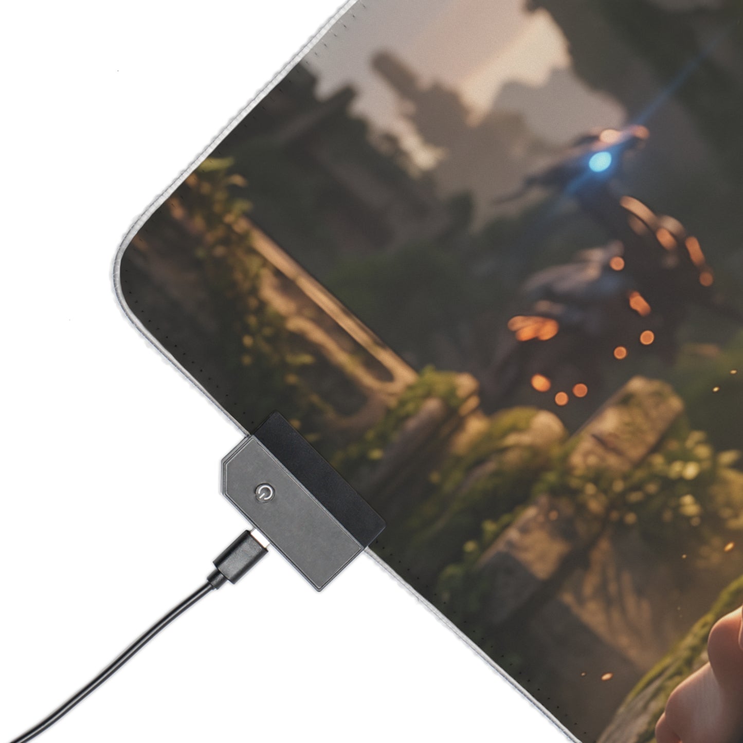 Aloy RGB Mouse Pad – Horizon LED Desk Mat, Adventure Gamer Setup close-up of LED connector and Horizon-inspired warrior print on extended desk mat
