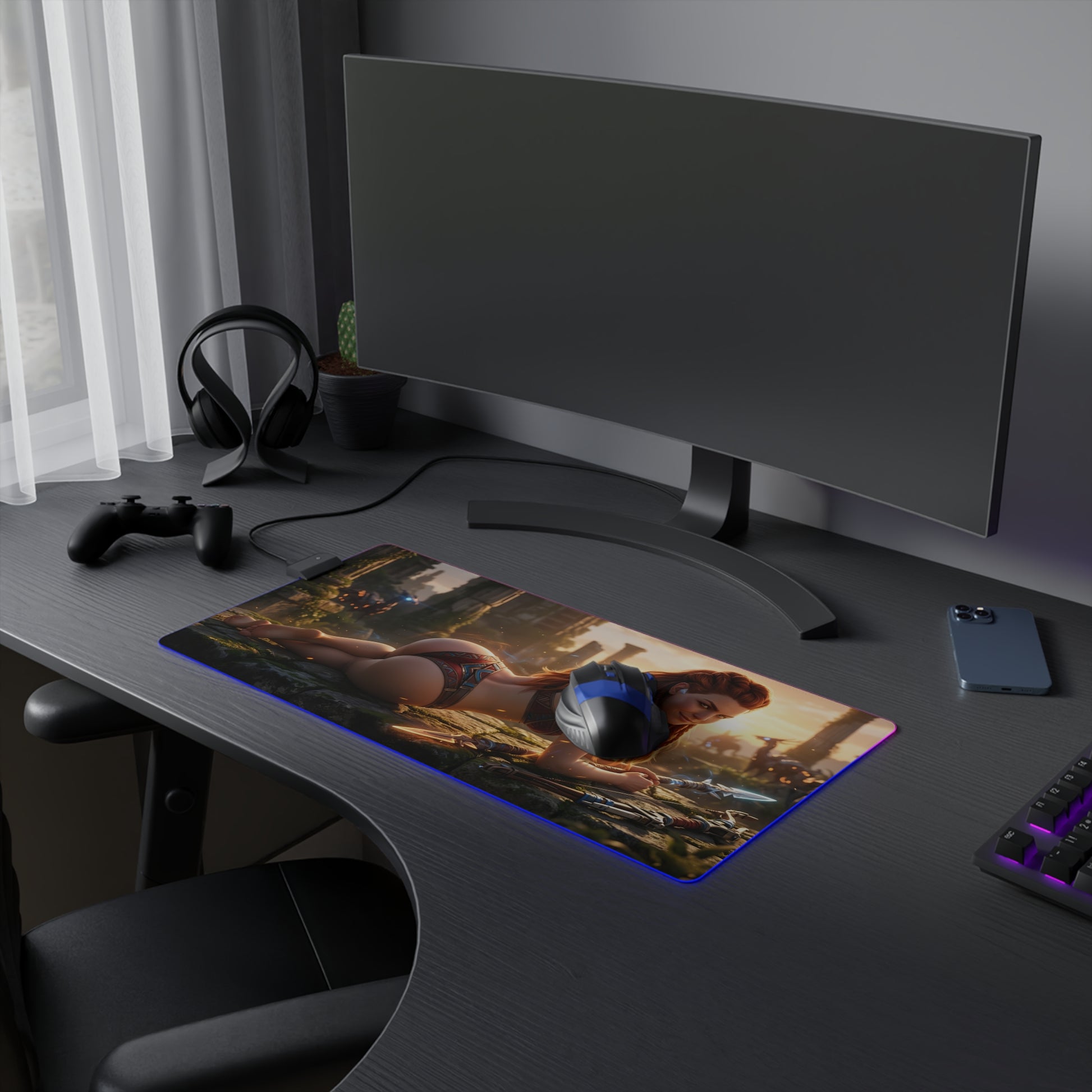 Aloy RGB Mouse Pad – Horizon LED Desk Mat, Adventure Gamer Setup on gaming desk with character art, RGB edge lighting and extended pad