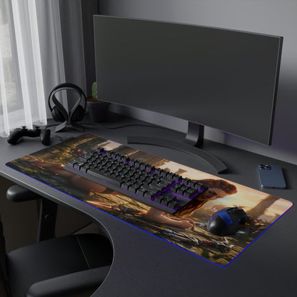 Aloy RGB Mouse Pad – Horizon LED Desk Mat, Adventure Gamer Setup featuring HD Aloy artwork, RGB edge lighting, extended desk coverage