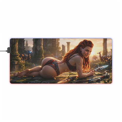 Aloy RGB Mouse Pad – Horizon LED Desk Mat, Adventure Gamer Setup with Horizon-inspired warrior artwork, vibrant RGB edge lighting, extended non-slip surface
