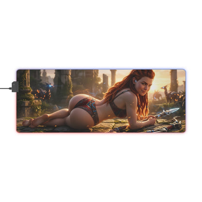 Aloy RGB Mouse Pad – Horizon LED Desk Mat, Adventure Gamer Setup featuring Horizon-inspired warrior artwork with vibrant RGB edge lighting