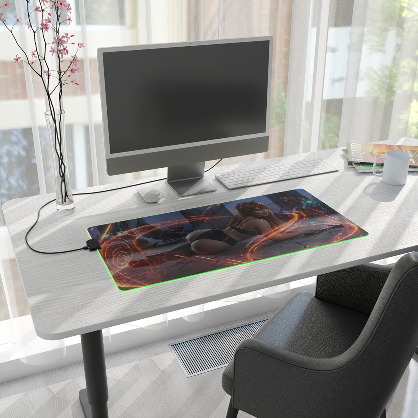 Asuka Mouse Pad, Evangelion RGB LED Desk Mat, Anime Gift for Gamer, Otaku Decor on modern gaming desk with RGB lighting and smooth precision-cloth surface