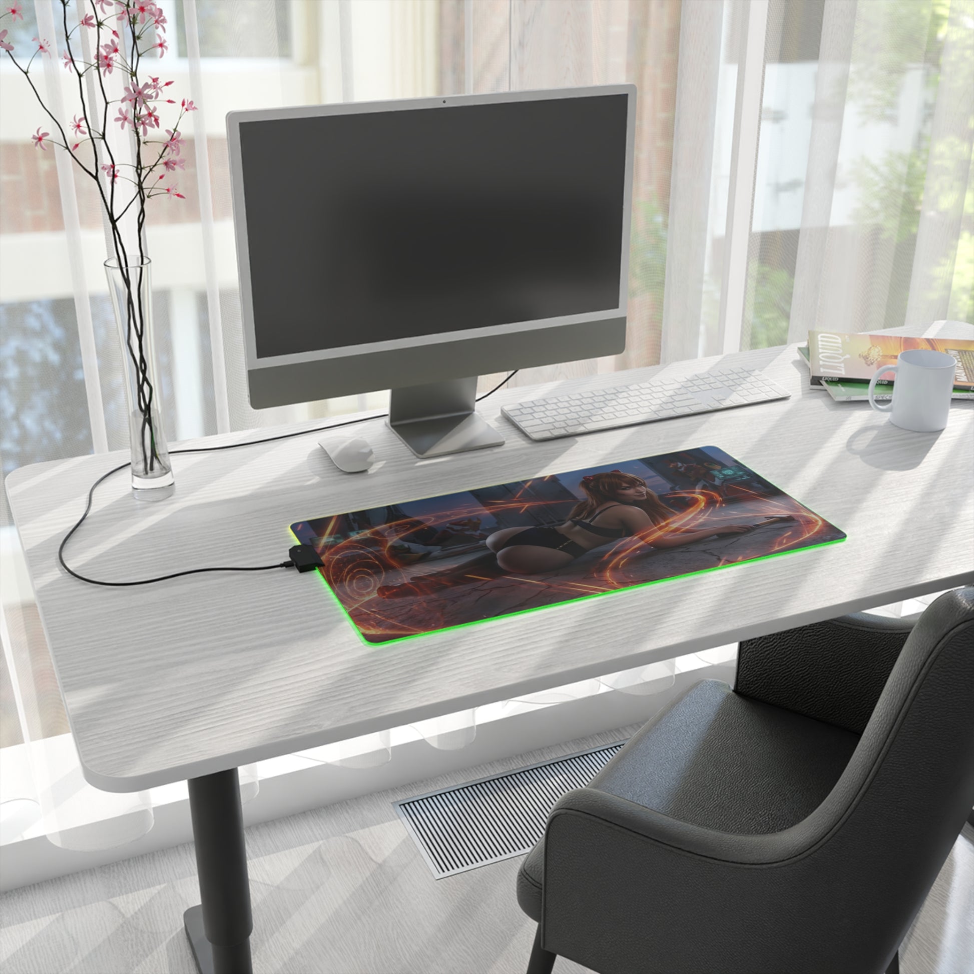 Asuka Mouse Pad, Evangelion RGB LED Desk Mat, Anime Gift for Gamer, Otaku Decor — RGB desk mat with Asuka artwork on gaming setup