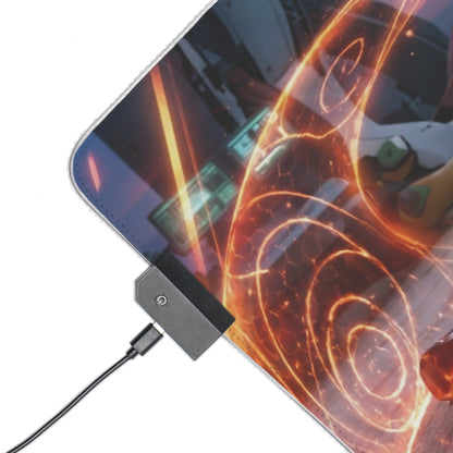 Asuka Mouse Pad, Evangelion RGB LED Desk Mat, Anime Gift for Gamer, Otaku Decor — corner detail with glowing orange energy circle and USB RGB controller