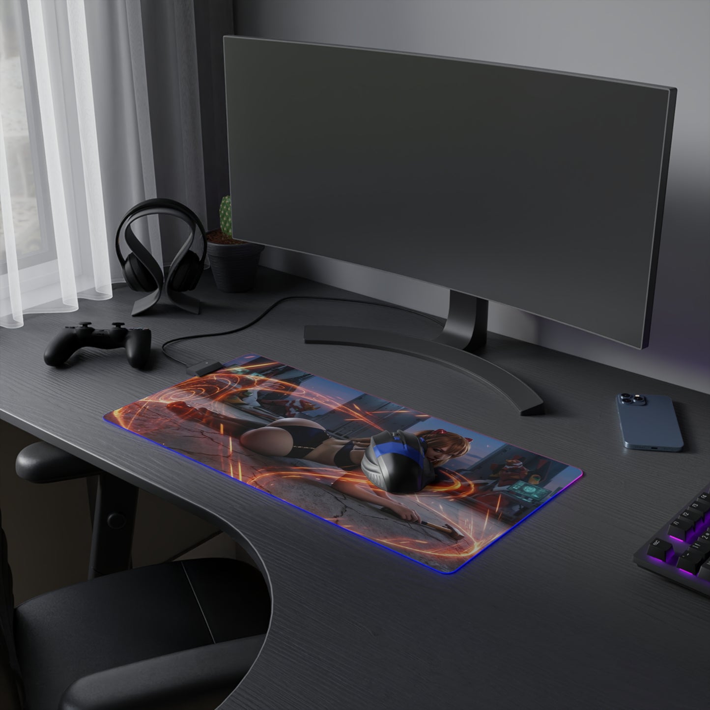 Asuka Mouse Pad, Evangelion RGB LED Desk Mat, Anime Gift for Gamer, Otaku Decor on gaming desk with LED glow and smooth precision-cloth surface