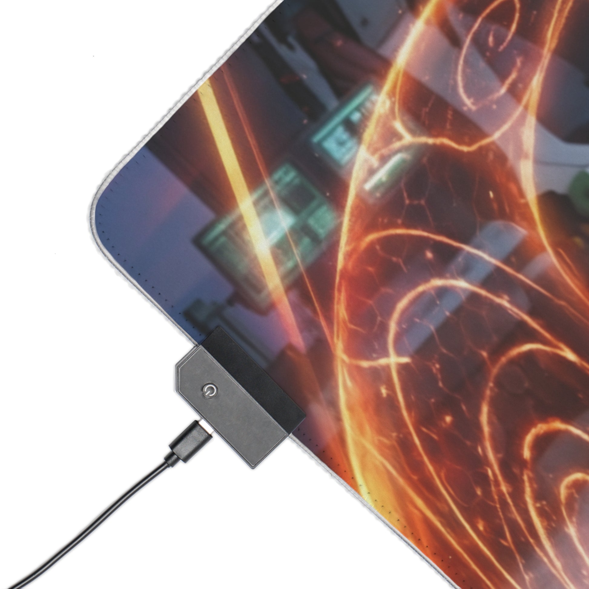 Asuka Mouse Pad, Evangelion RGB LED Desk Mat, Anime Gift for Gamer, Otaku Decor - angled corner showing RGB controller and fiery Asuka artwork on smooth precision-cloth surface