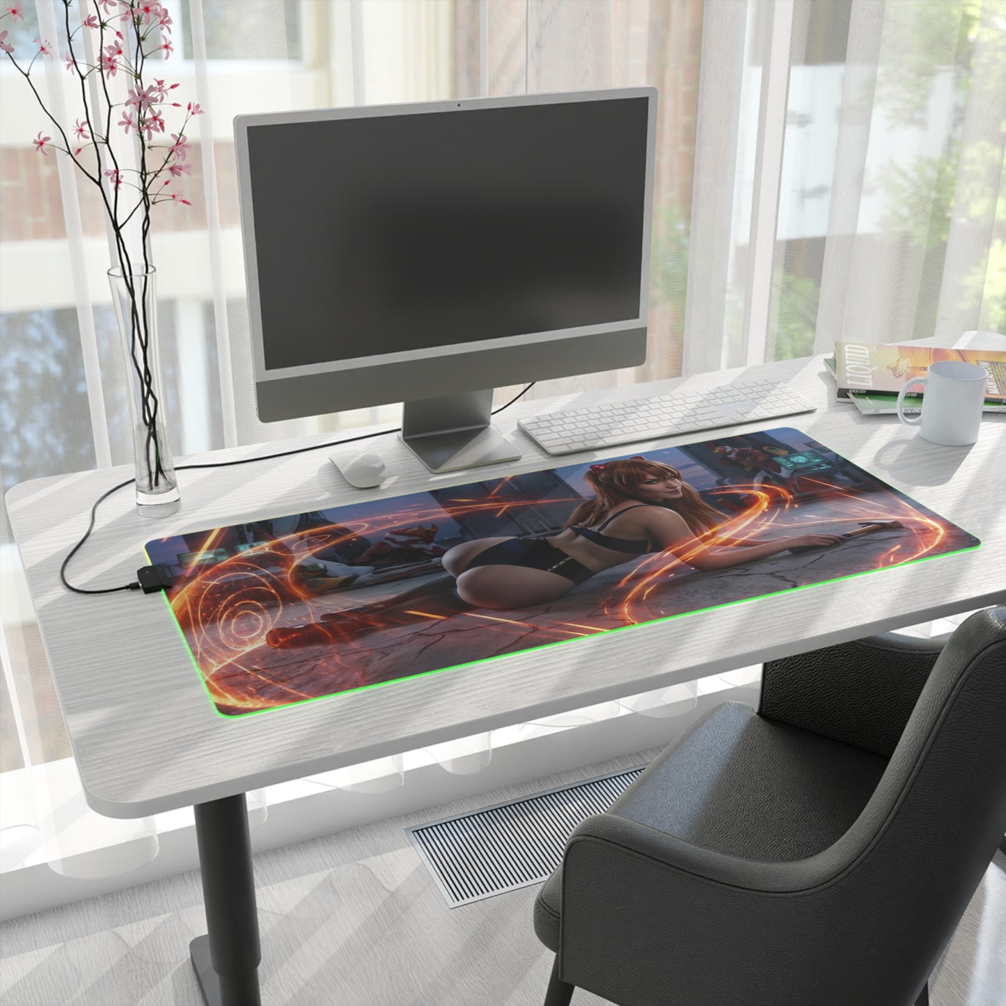 Asuka Mouse Pad, Evangelion RGB LED Desk Mat, Anime Gift for Gamer, Otaku Decor — long RGB desk mat with Asuka artwork on gaming desk