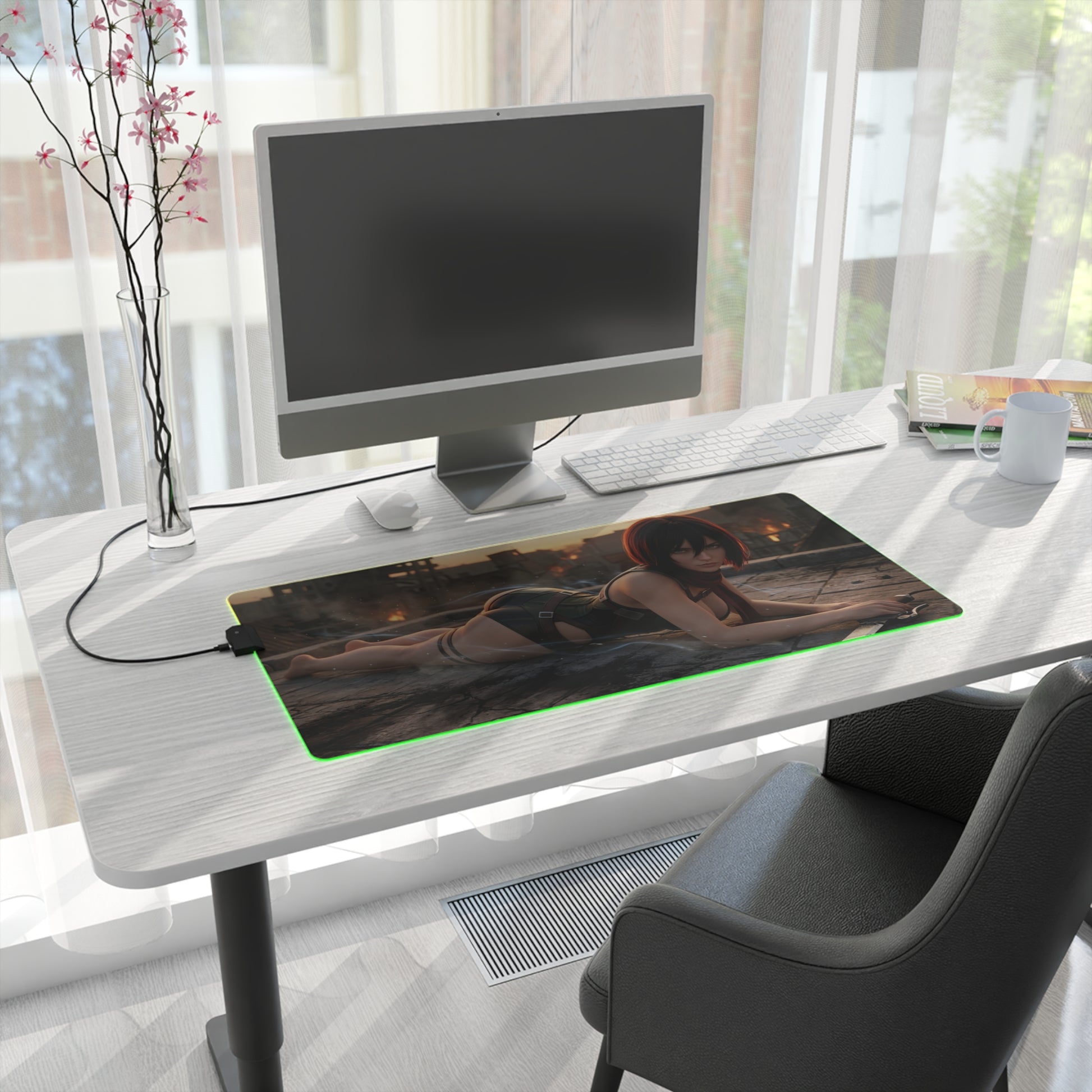 Attack on Titan Mouse Pad, Mikasa LED RGB Desk Mat, Gift for Gamer, Anime Room Decor - Mikasa battlefield sunset gaming desk mat with RGB edge