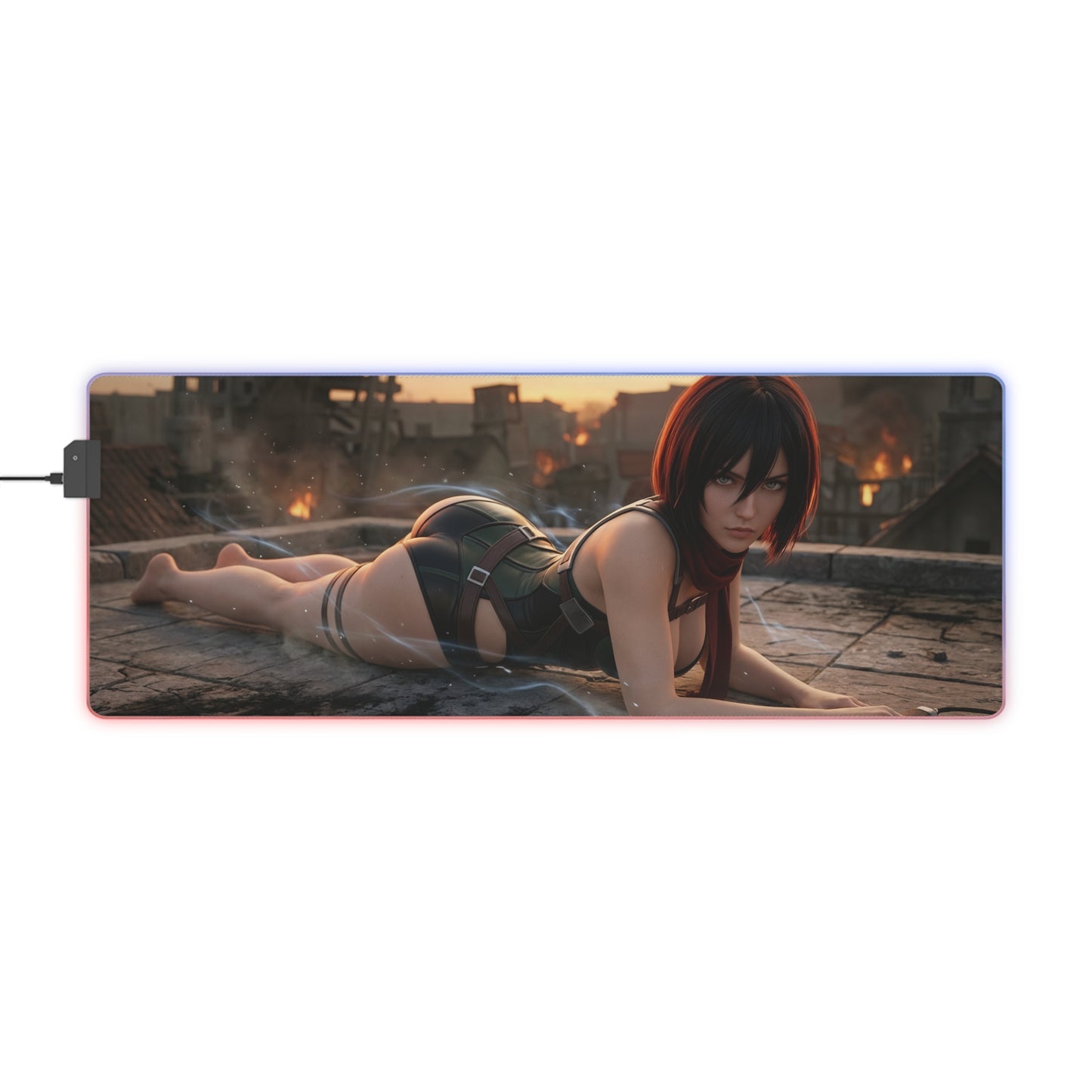 Attack on Titan Mouse Pad, Mikasa LED RGB Desk Mat, Gift for Gamer, Anime Room Decor – Mikasa action pose desk mat with sunset battlefield art