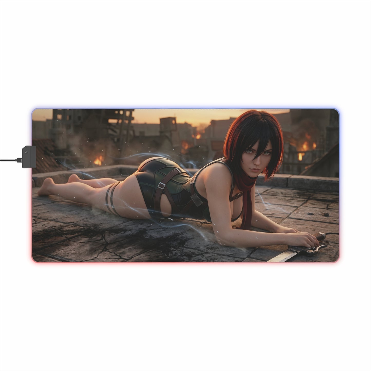 Attack on Titan Mouse Pad, Mikasa LED RGB Desk Mat, Gift for Gamer, Anime Room Decor — Mikasa fierce pose on battlefield sunset desk mat