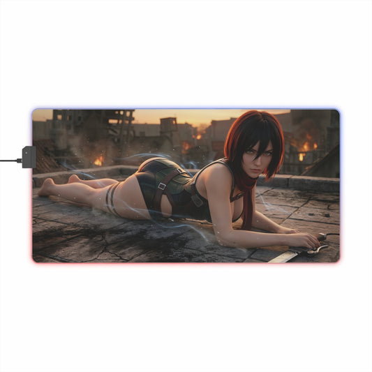 Attack on Titan Mouse Pad, Mikasa LED RGB Desk Mat, Gift for Gamer, Anime Room Decor — Mikasa fierce pose on battlefield sunset desk mat