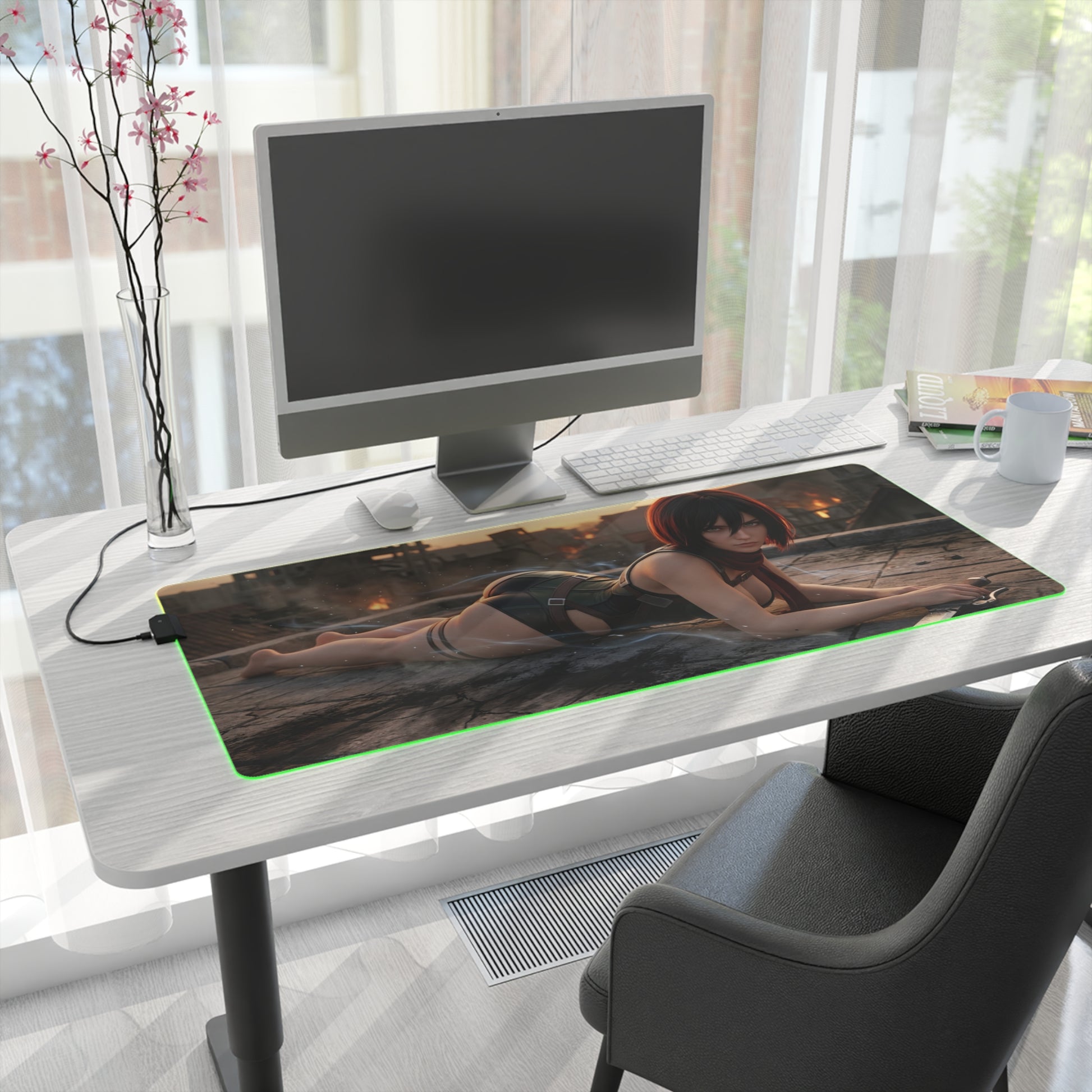 Attack on Titan Mouse Pad, Mikasa LED RGB Desk Mat, Gift for Gamer, Anime Room Decor — Mikasa reclining on sunset battlefield with RGB edge