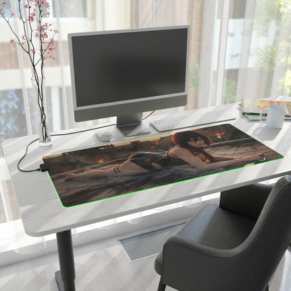 Attack on Titan Mouse Pad, Mikasa LED RGB Desk Mat, Gift for Gamer, Anime Room Decor — Mikasa reclining on sunset battlefield with RGB edge