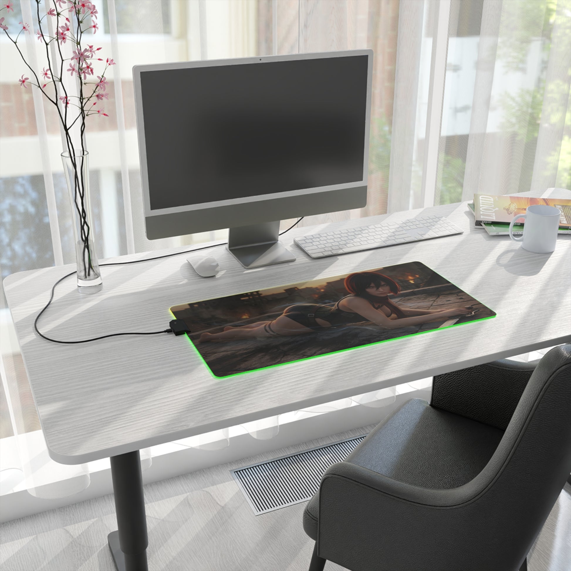 Attack on Titan Mouse Pad, Mikasa LED RGB Desk Mat, Gift for Gamer, Anime Room Decor on modern desk with green RGB glow