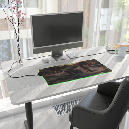 Attack on Titan Mouse Pad, Mikasa LED RGB Desk Mat, Gift for Gamer, Anime Room Decor on modern desk with green RGB glow