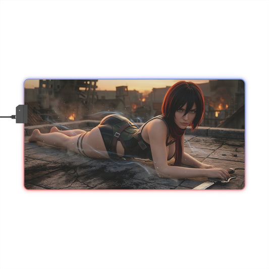 Attack on Titan Mouse Pad, Mikasa LED RGB Desk Mat, Gift for Gamer, Anime Room Decor — Mikasa reclining on rooftop with sunset battlefield backdrop