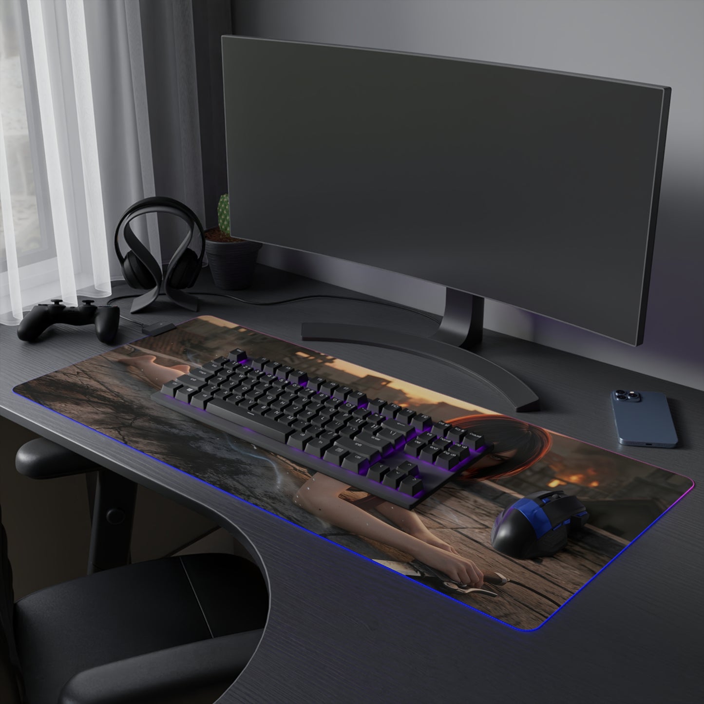 Attack on Titan Mouse Pad, Mikasa LED RGB Desk Mat, Gift for Gamer, Anime Room Decor — large RGB gaming desk mat with Mikasa artwork