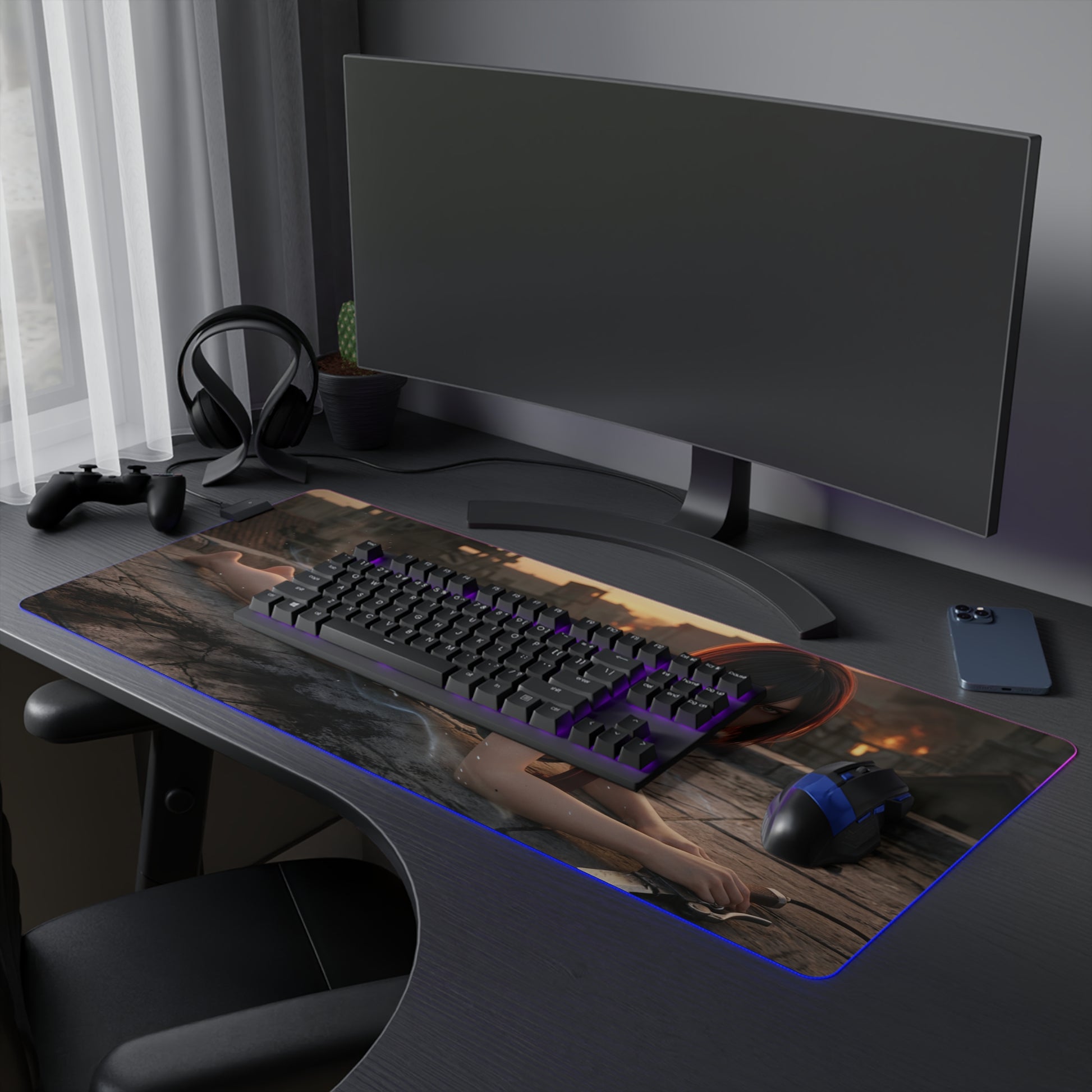 Attack on Titan Mouse Pad, Mikasa LED RGB Desk Mat, Gift for Gamer, Anime Room Decor — large RGB gaming desk mat with Mikasa artwork