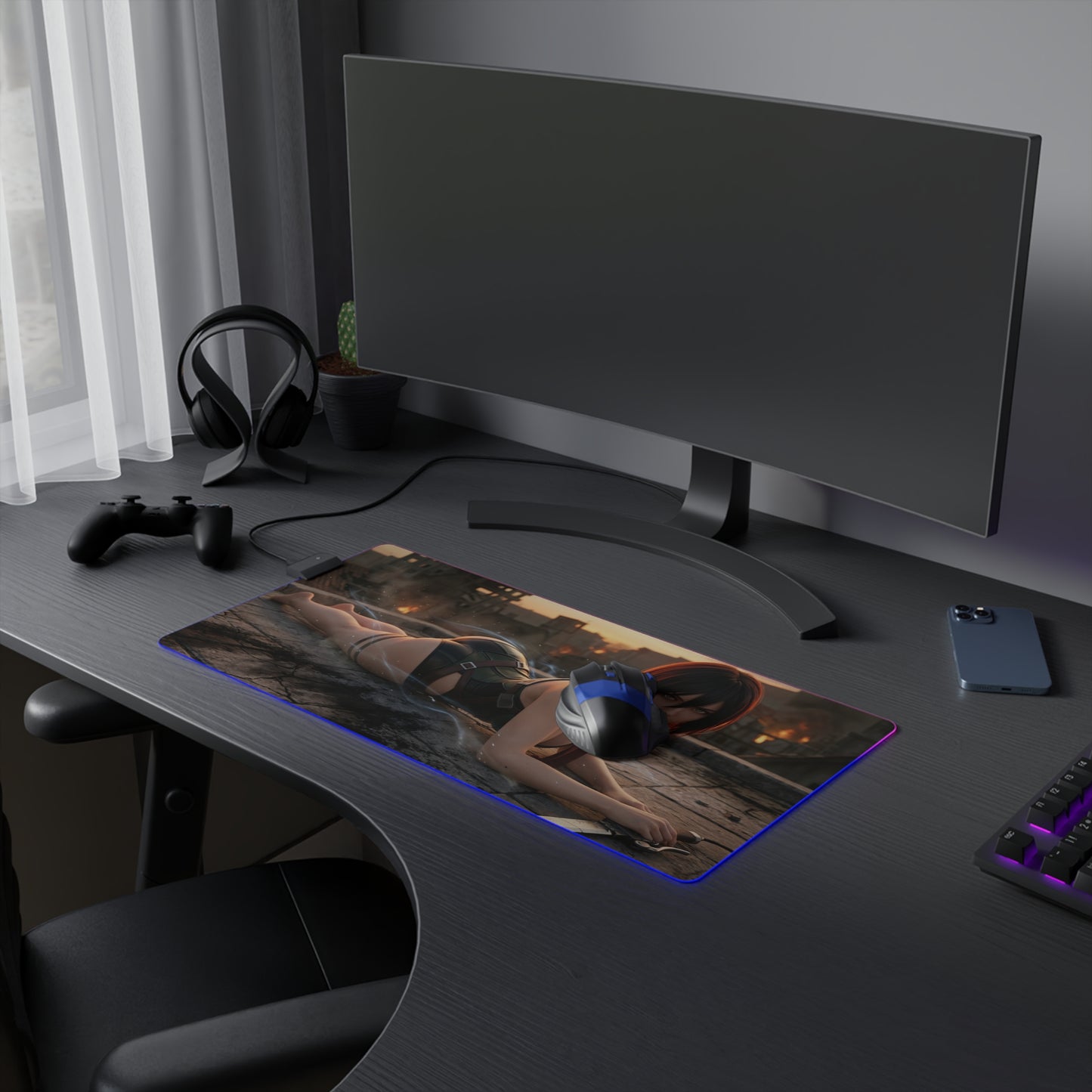 Attack on Titan Mouse Pad, Mikasa LED RGB Desk Mat, Gift for Gamer, Anime Room Decor - gaming desk mat with Mikasa artwork, RGB edge, smooth precision surface