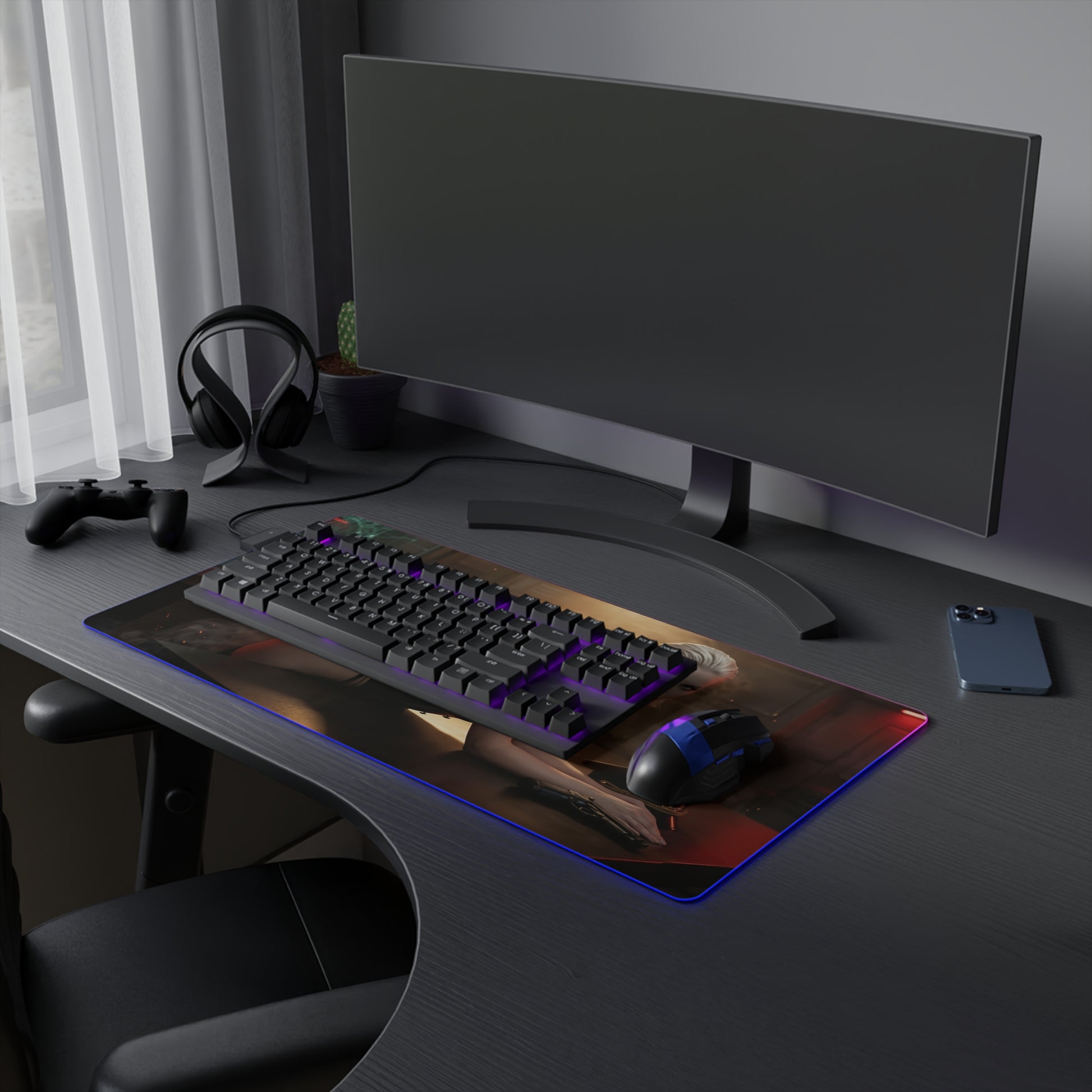 Balalaika Mouse Pad, Black Lagoon LED RGB Desk Mat, Anime Gift for Gamer Decor - dramatic LED gaming desk mat with Balalaika artwork