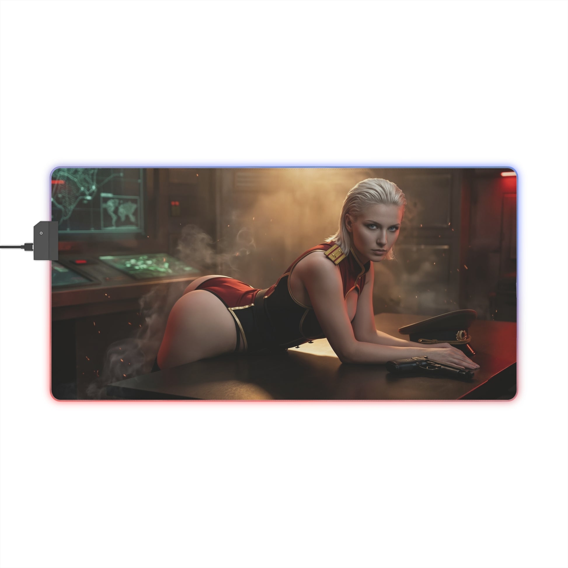 Balalaika Mouse Pad, Black Lagoon LED RGB Desk Mat, Anime Gift for Gamer Decor featuring commanding military-inspired artwork on RGB gaming desk mat