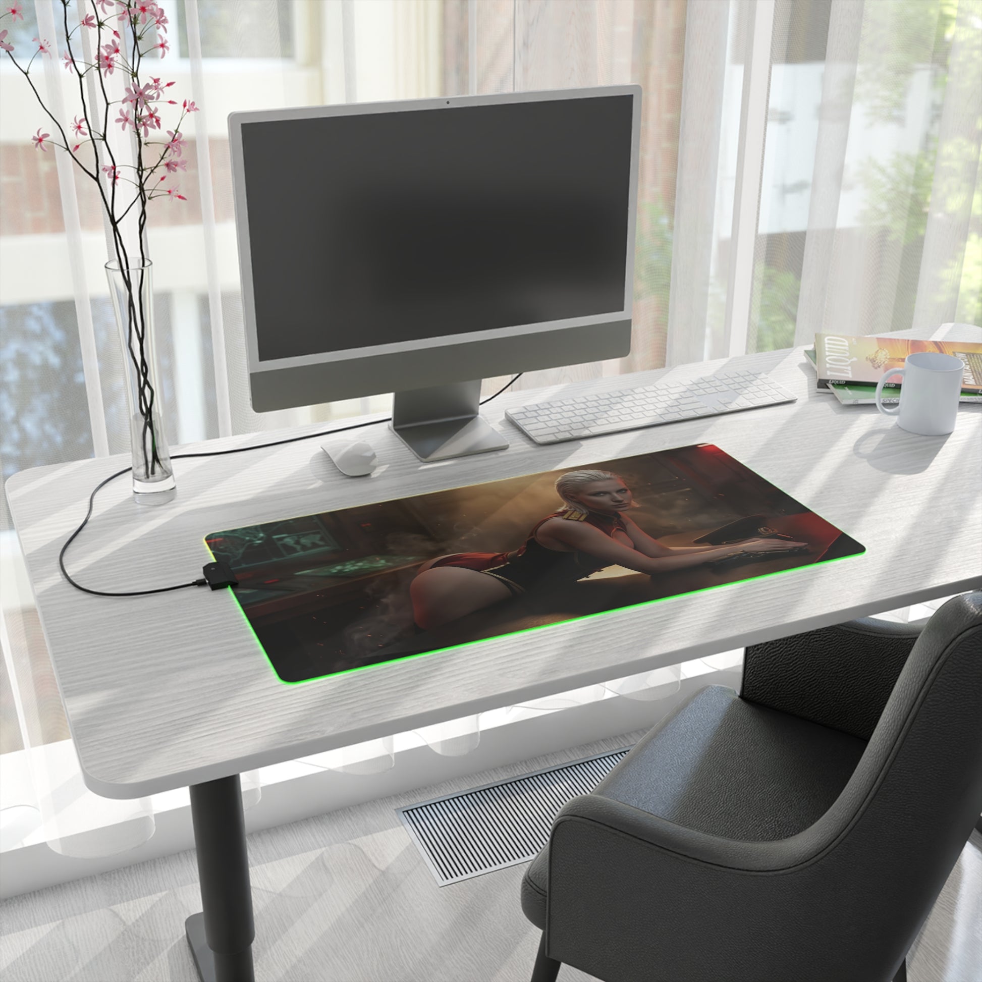 Balalaika Mouse Pad, Black Lagoon LED RGB Desk Mat, Anime Gift for Gamer Decor on modern desk with green LED edge and tactical artwork