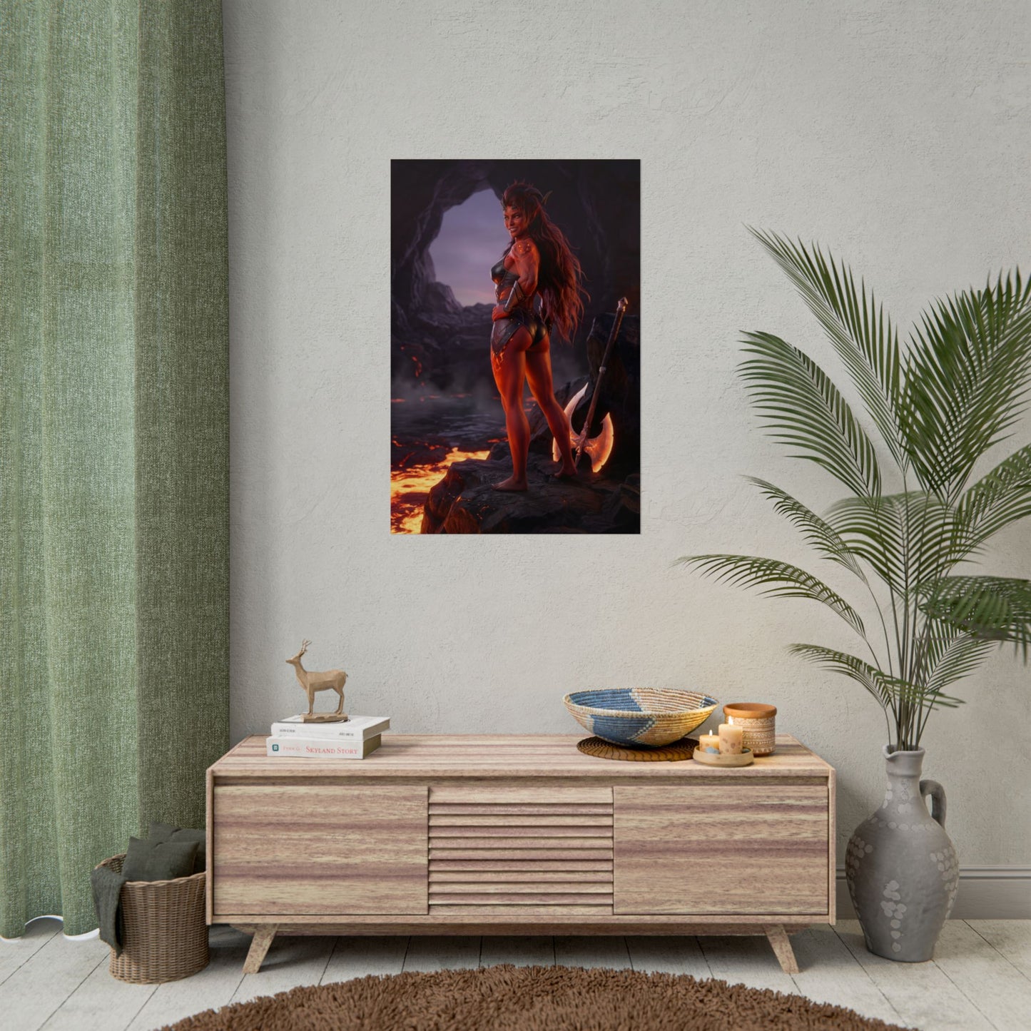 Baldur’s Gate Poster – Karlach Art Print, Fantasy RPG Wall Art showing tiefling warrior among volcanic rocks and glowing lava