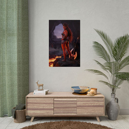 Baldur’s Gate Poster – Karlach Art Print, Fantasy RPG Wall Art showing tiefling warrior among volcanic rocks and glowing lava