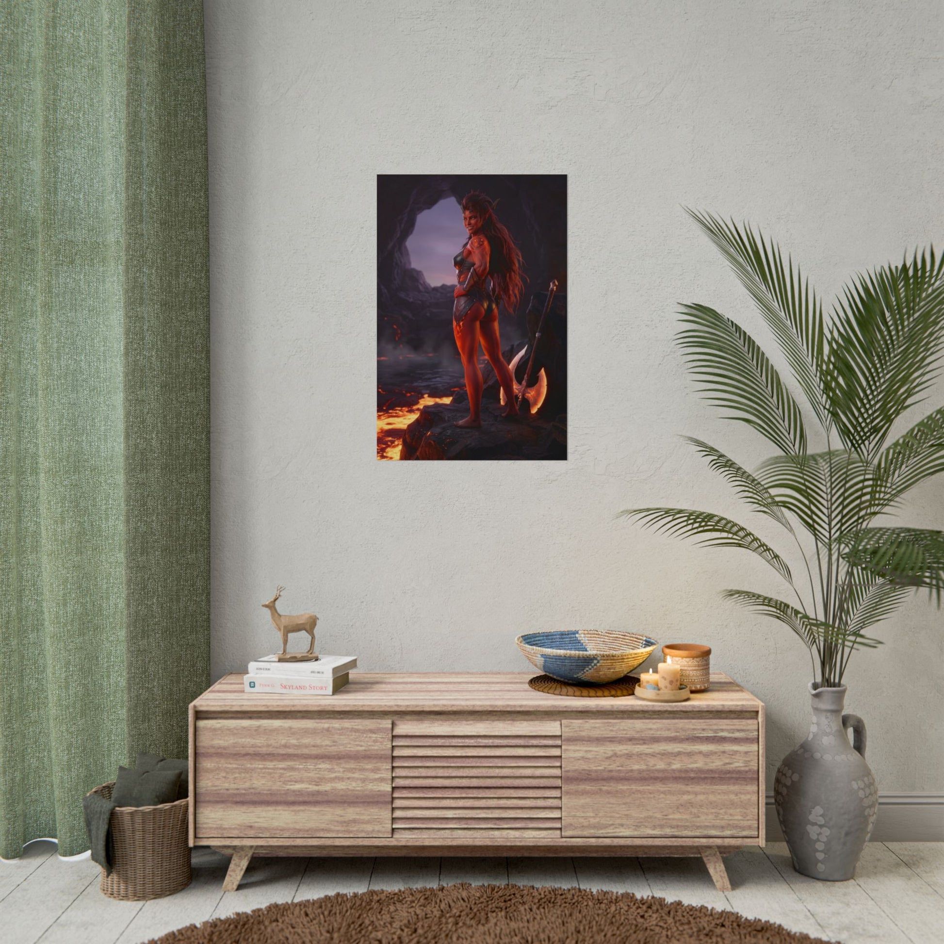 Baldur’s Gate Poster – Karlach Art Print, Fantasy RPG Wall Art showing tiefling warrior by lava in cavern gaming room décor
